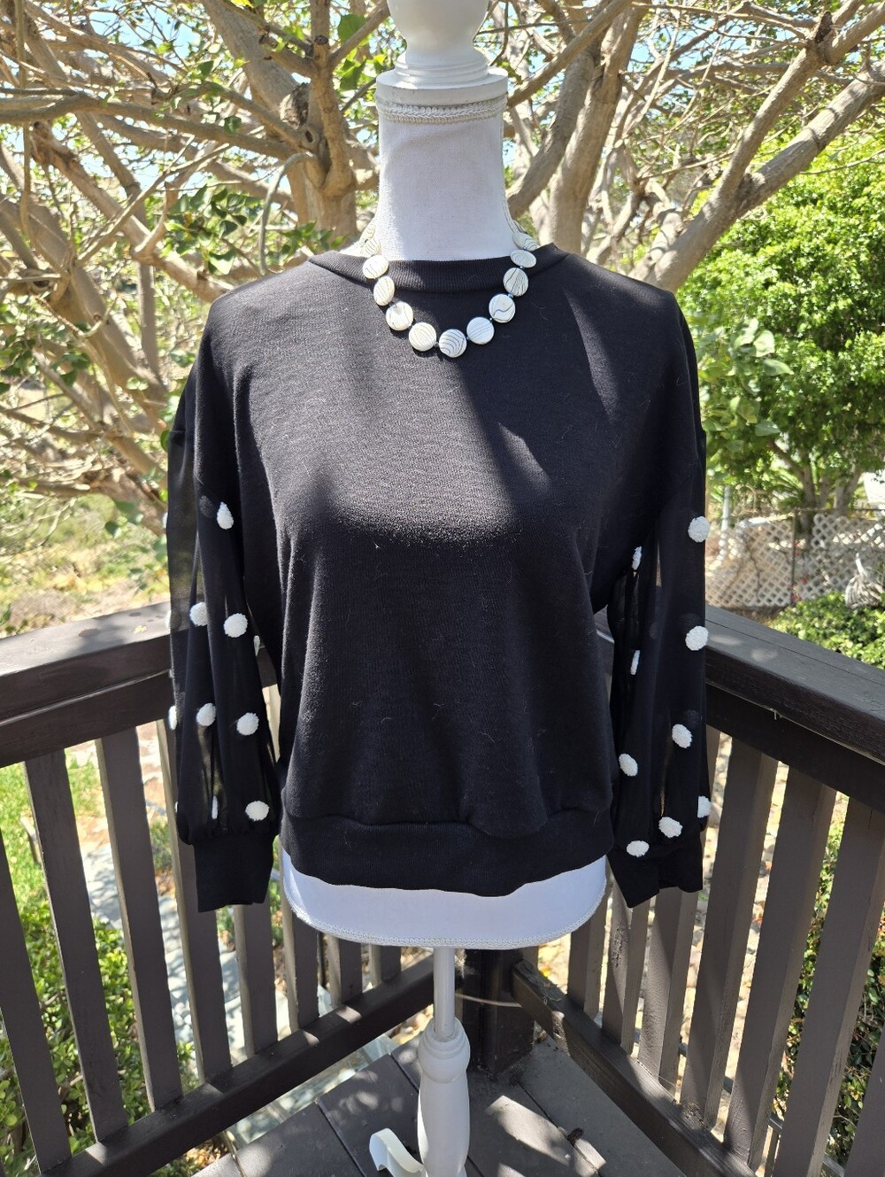 CeCe Black Cotton Swearshirt Sweater Sheer Polka Dot Sleeve Plus Bonus Necklace